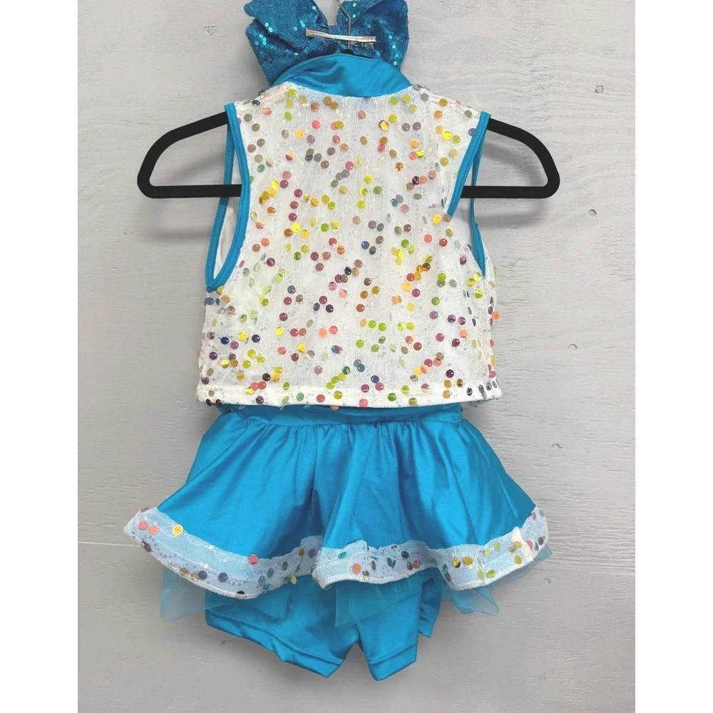 Weissman Kids Blue Sequin Dance Costume‎ Set Vest Skirt Leotard Bow MC RN64830